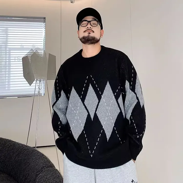 大码男装套头圆领宽松毛衣针织衫胖子加肥加大复古菱形潮流秋冬季