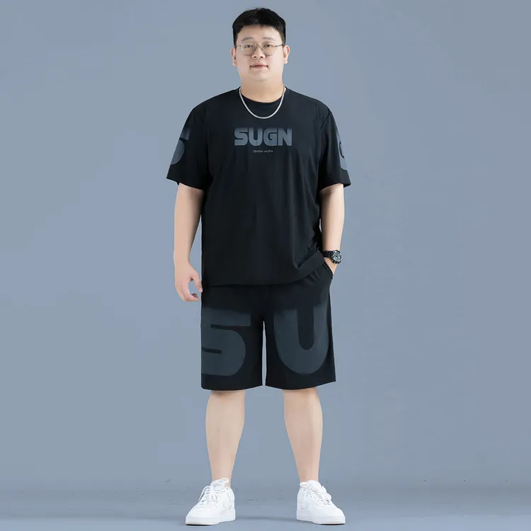 潮牌大码夏季薄款冰丝短袖T恤男士加肥加大200斤胖子速干运动套装