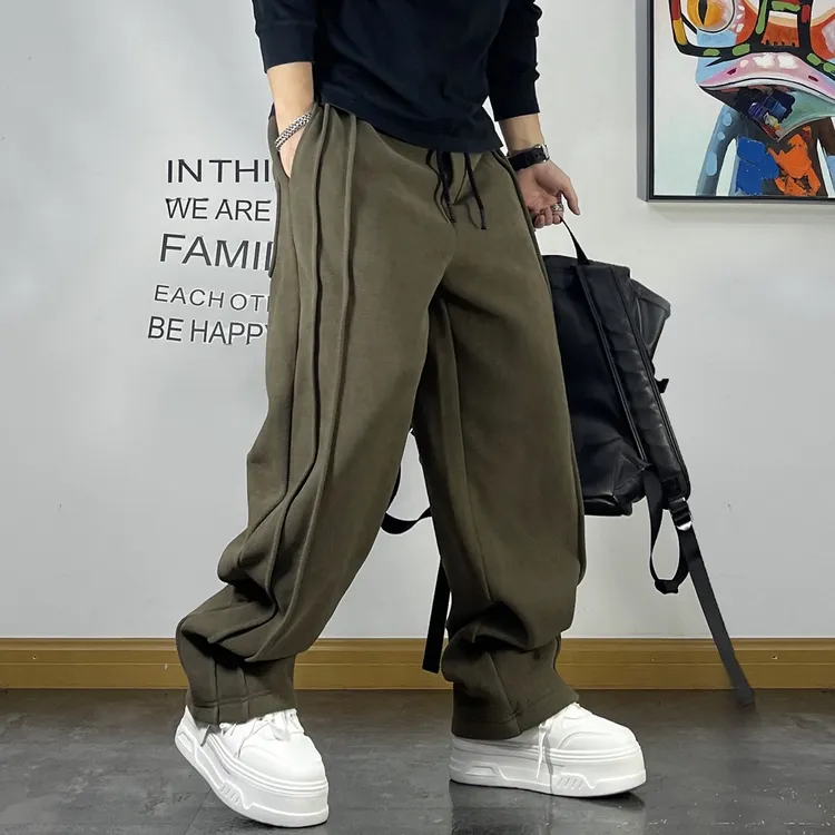 大码美式复古拼接针织运动卫裤男春秋款潮流垂感直筒裤百搭休闲裤