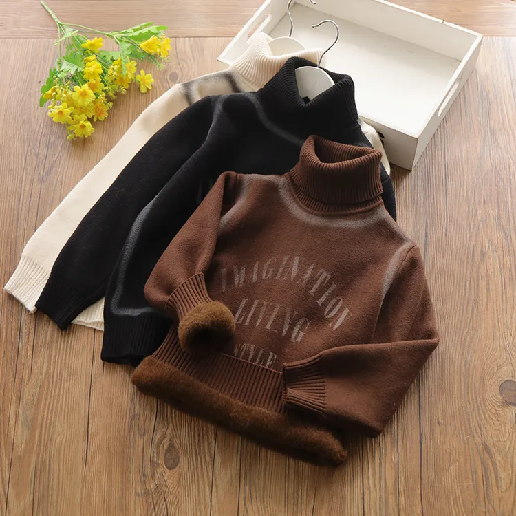 儿童高领百搭毛衣冬季男童加绒加厚一体绒打底针织衫中大童休闲