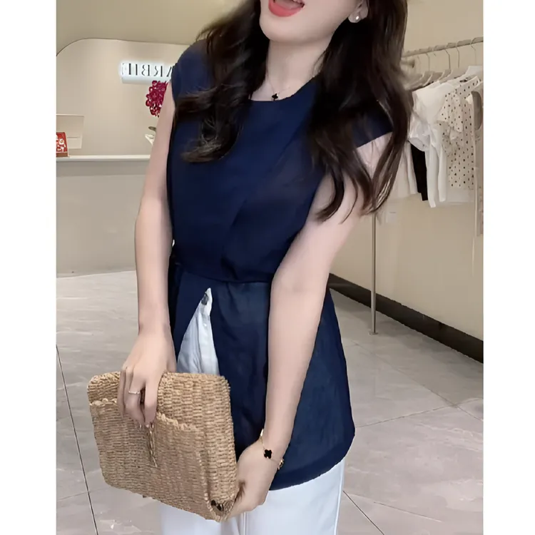 2025小众韩系气质收腰小衫设计感开叉无袖上衣女高级感