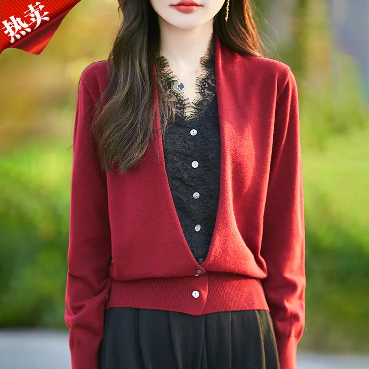 法式蕾丝假两件贵妃领长袖针织开衫红色毛衣V领套头内搭打底衫冬
