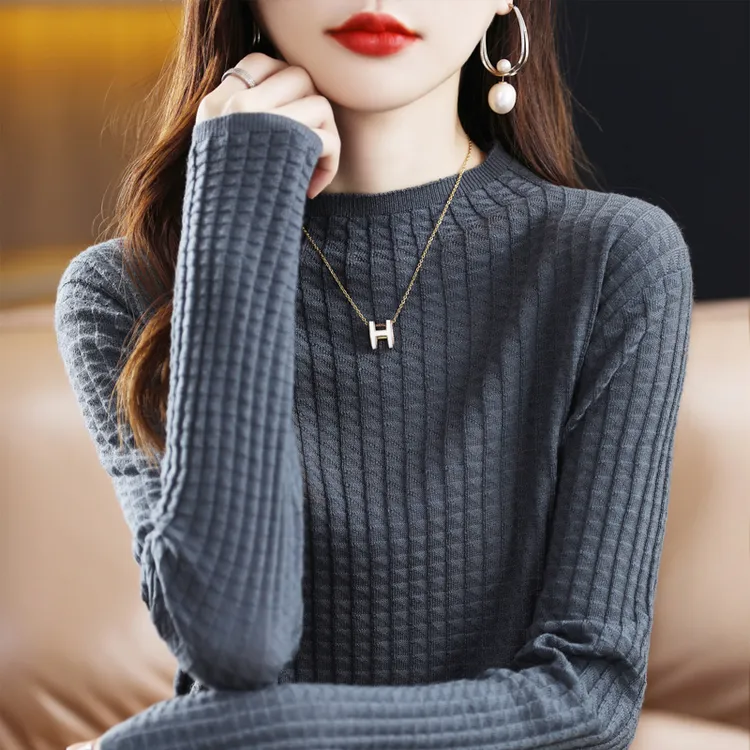 2024新款法式华夫格长袖针织衫女士半高领内搭打底衫气质上衣秋冬
