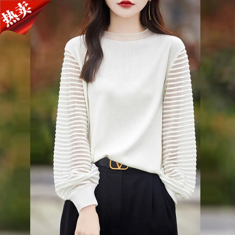 2024新款优雅接拼镂空网纱灯笼袖长袖针织衫气质上衣女内搭打底衫