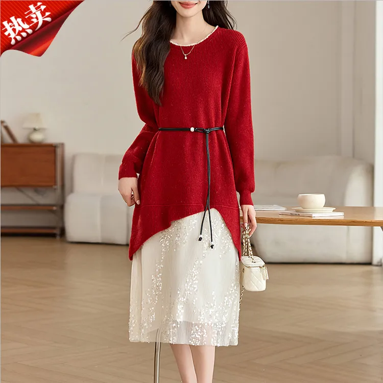 法式接拼网纱亮片中长款连衣裙女士新年红色喜庆针织衫毛衣裙秋冬