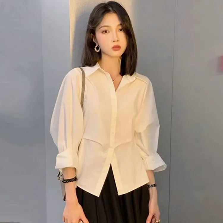 法式收腰白色衬衫女春季2025年新款小个子别致设计感小众蓝色上衣