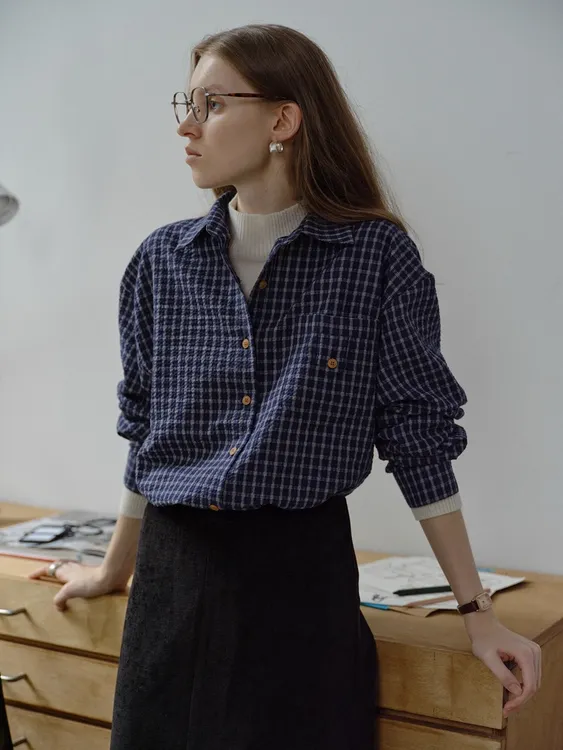 复古高级感格纹长袖衬衫女2025春季新款休闲百搭宽松内搭格子衬衣