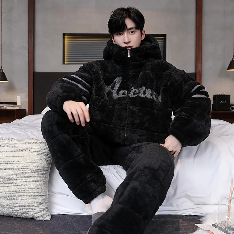 男士睡衣冬款三层夹棉加绒加厚冬季新款连帽高档保暖家居服套装