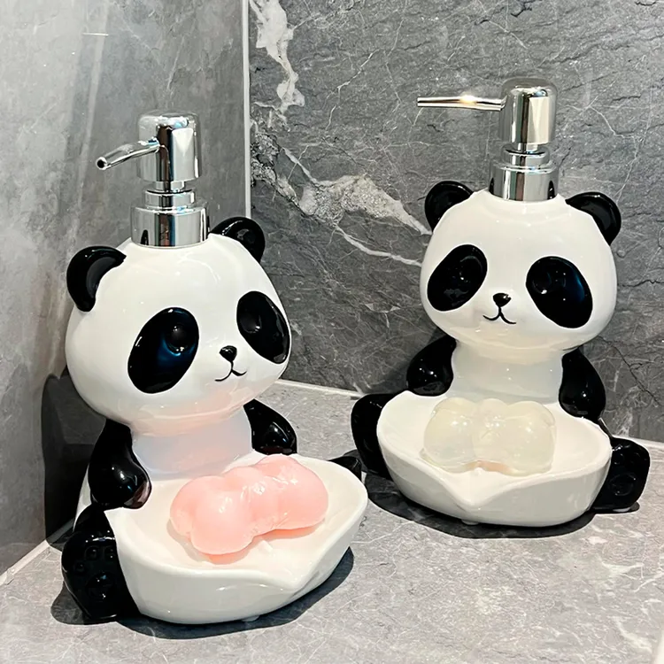 可爱熊猫乳液瓶两用皂盒实用二合一洗发沐浴洗手液陶瓷轻奢肥皂盒