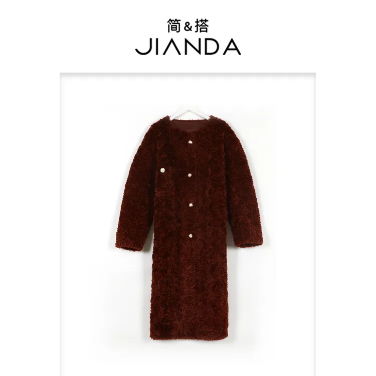 简&搭千屿Sheila长款加厚保暖毛绒秋冬“大理石”外套女1022-802