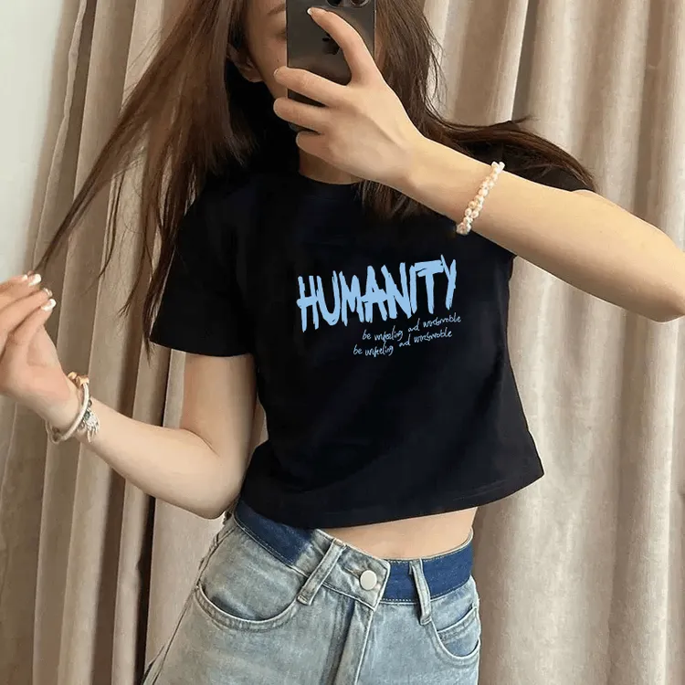 新款短款棉T恤圆领女夏季纯欲韩版宽松纯棉上衣百搭显瘦体t恤黑白