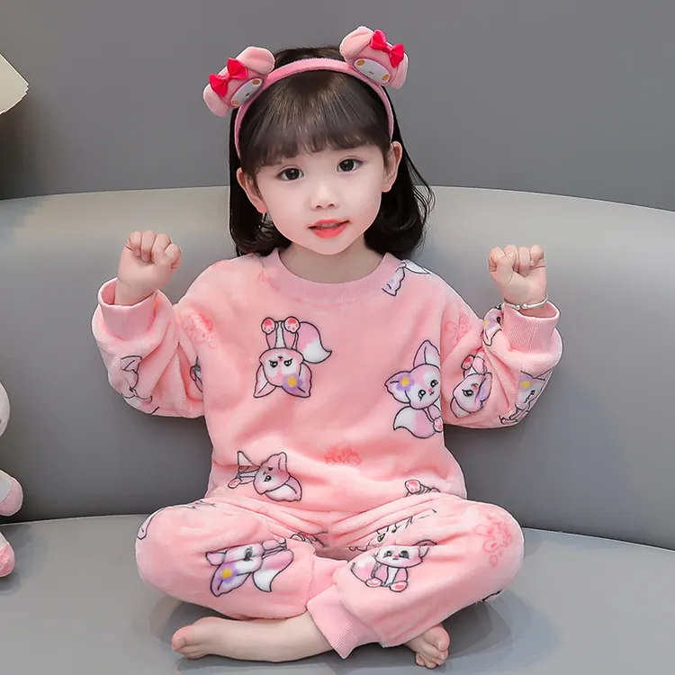 女童法兰绒睡衣秋冬季儿童小童宝宝珊瑚绒分体春秋薄款家居服套装