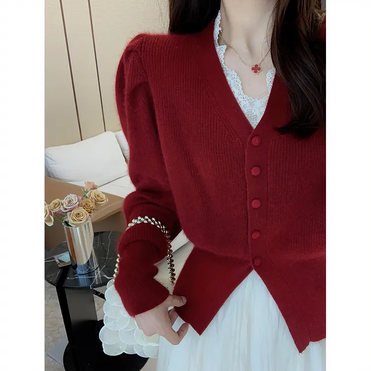 女士过年衣服针织开衫女秋冬款可外穿高级慵懒版V领长袖打底上衣