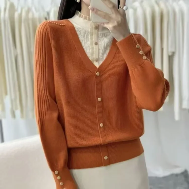 假两件毛衣秋冬新款时尚减龄蕾丝假开衫半高领气质纯色百搭打底衫