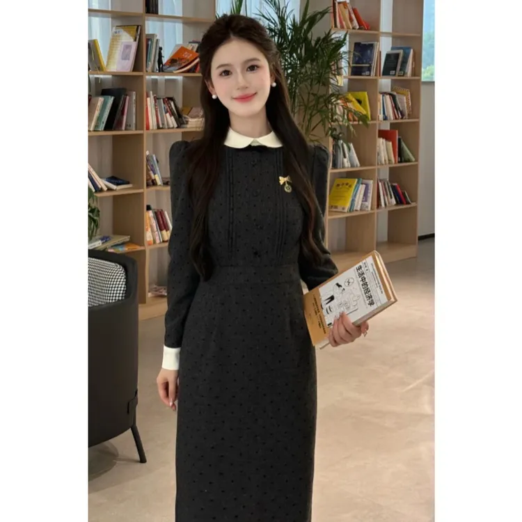 南韩富家千金风 松露黑巧法式气质名媛设计款撞色翻领轻奢连衣裙