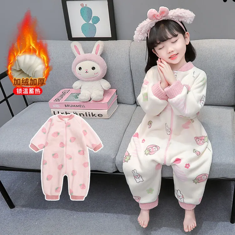 女童连体衣秋冬季法兰绒双层加绒婴儿睡衣宝宝珊瑚绒加厚儿童睡袋