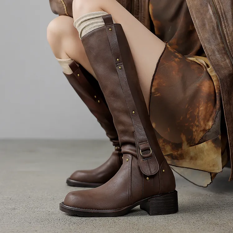 里外全皮！马术靴女2024年爆款骑士靴时尚圆头中粗跟网红高筒长靴