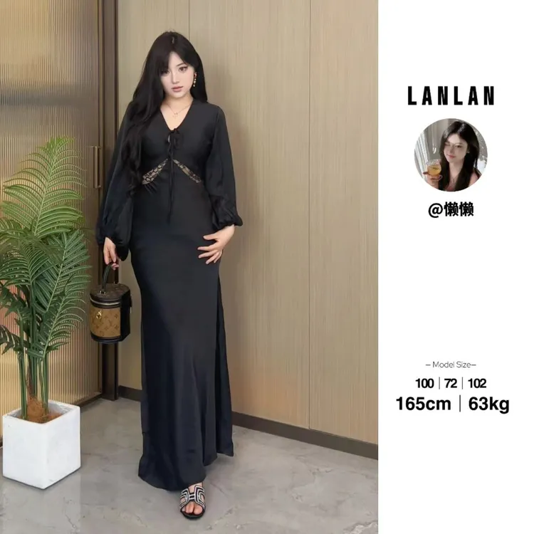 Lanlan-【海岸线】法式御姐风镂空系带长袖连衣裙气质收腰显瘦长裙
