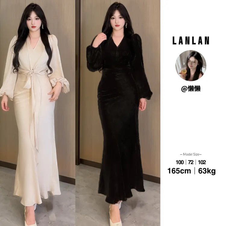 Lanlan现货【风吹麦浪】高级感气质性感连衣裙鱼尾裙收腰显瘦长裙
