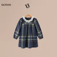 UCNOO与虫法式童装女童格子连衣裙大A摆花边领泡泡袖长袖裙子春秋