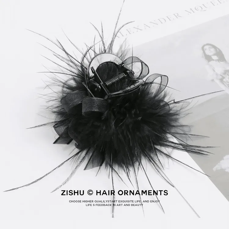 网纱羽毛抓夹百搭网红发饰盘发夹子头饰爆款黑色头花鲨鱼夹超仙