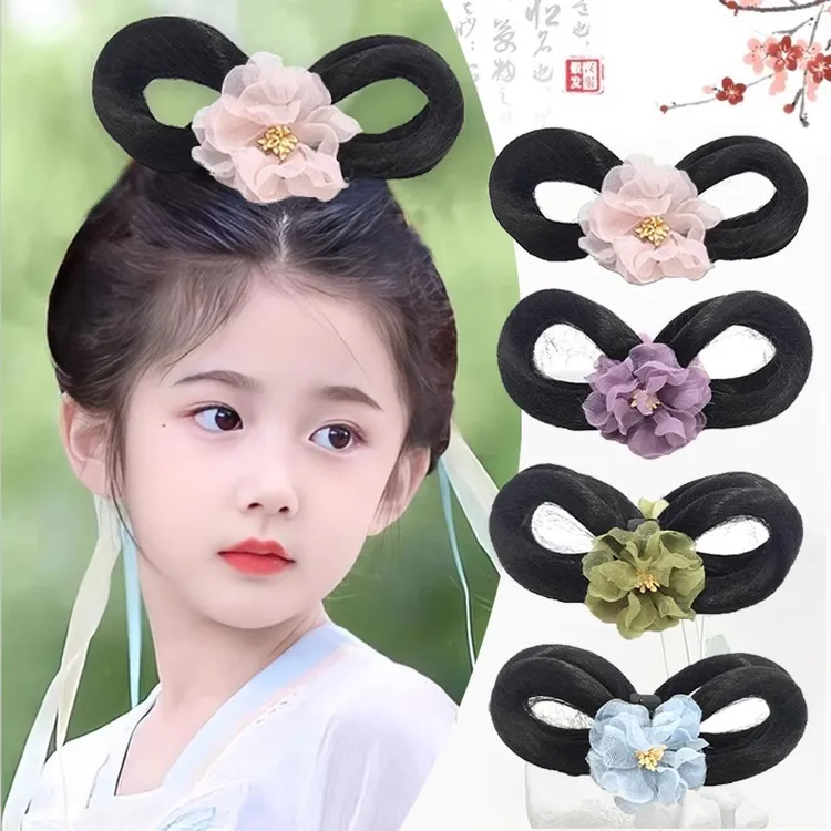儿童汉服假发包抓夹式假发女童紫色演出发饰可爱发夹汉服头饰造型