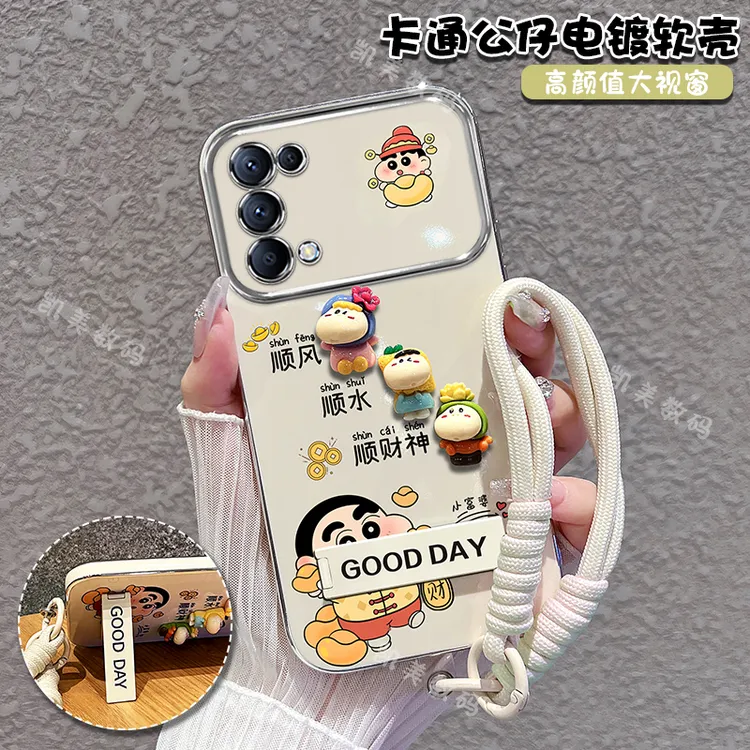 适用opporeno5手机壳reno5pro小新顺财神大视窗折叠支架女款可爱