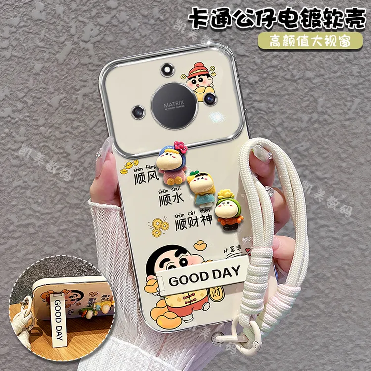 适用荣耀x40手机壳小新顺财神大视窗折叠支架防摔保护套女款可爱