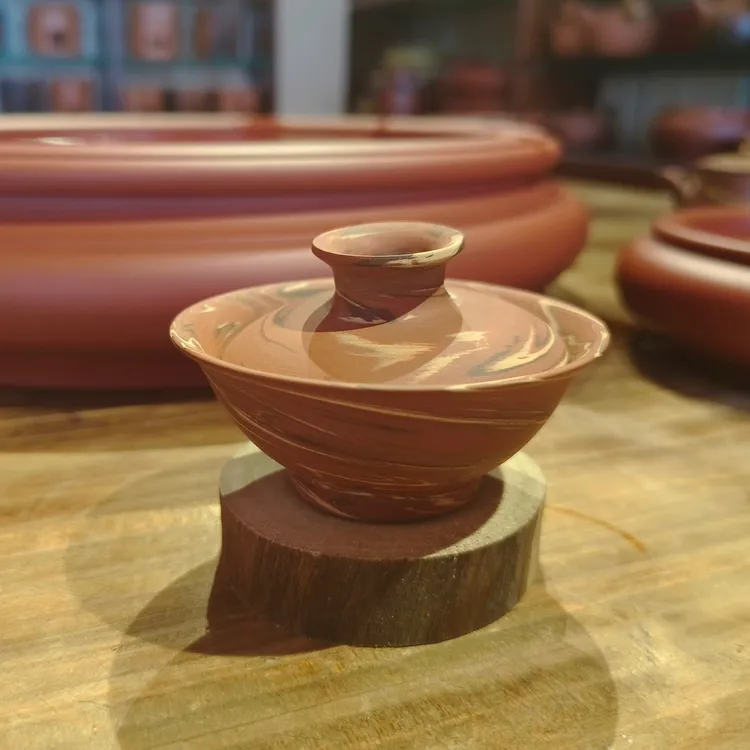 潮汕功夫茶具朱泥盖碗迷你盖碗泡茶绞泥工艺纯手工制作黄树潘