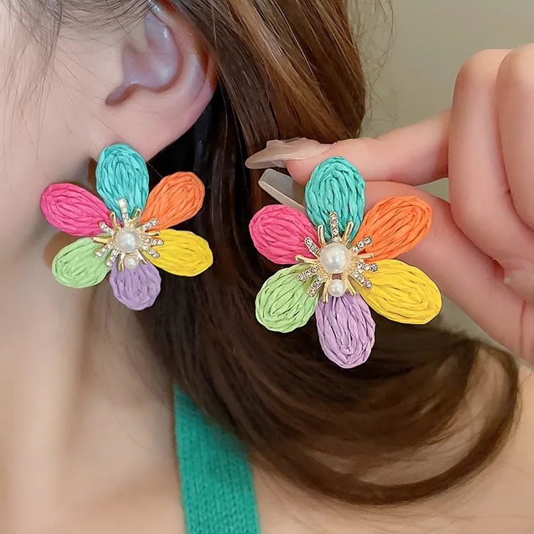 非金属仿珍珠耳饰 编织花朵耳环韩系马卡龙耳钉小清新春夏耳饰