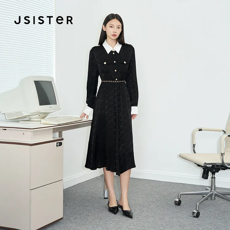 jsister 2024秋装新款 JS女装时尚黑白缎面提花气质通勤风连衣裙