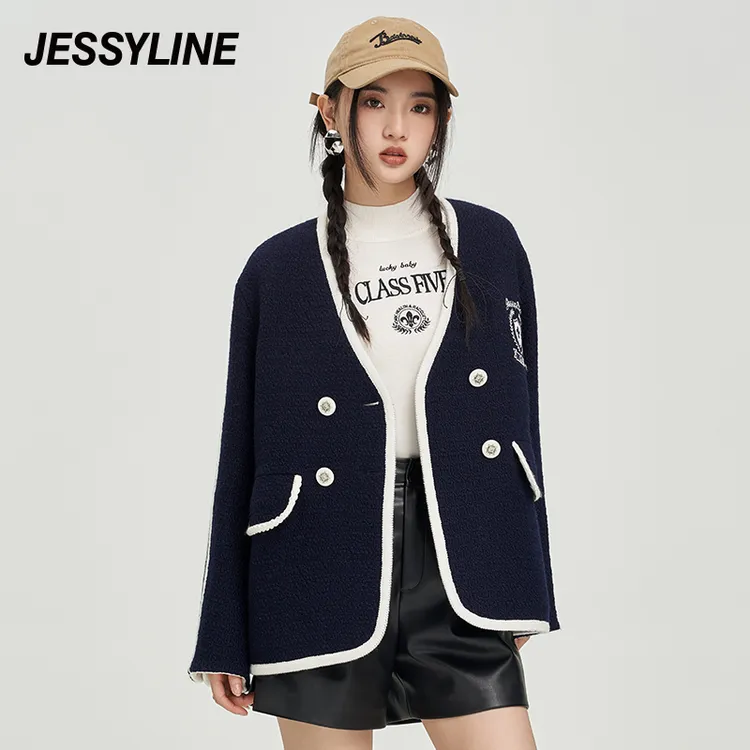 jessyline秋冬款女装 杰茜莱时尚中长款刺绣v领毛呢外套