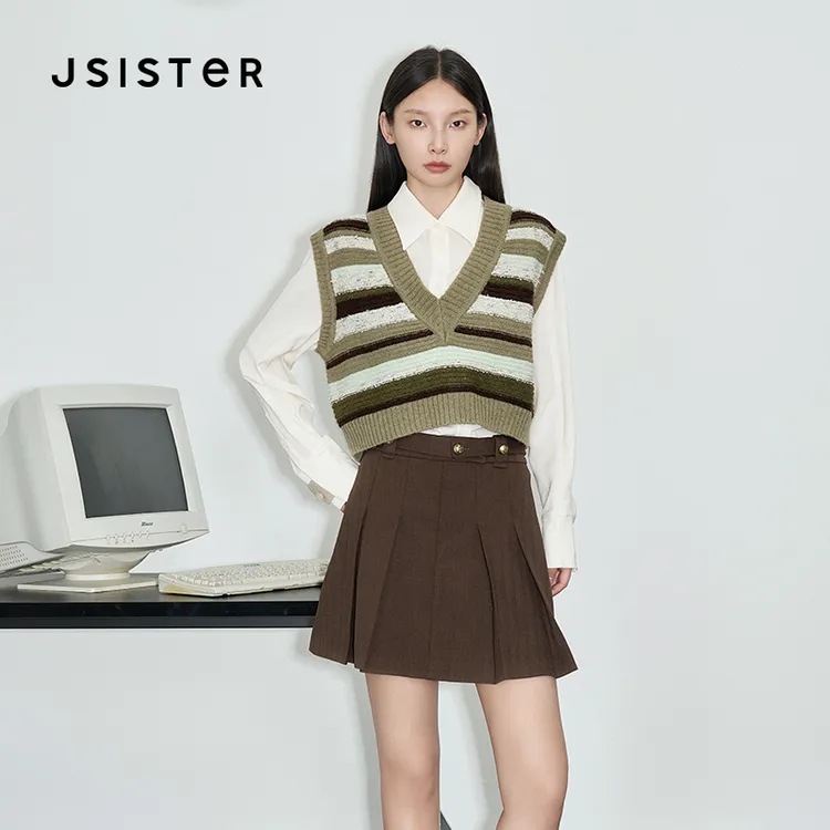 jsister 2024秋装新款 JS女装时尚条纹针织马甲搭衬衫上衣套装 女