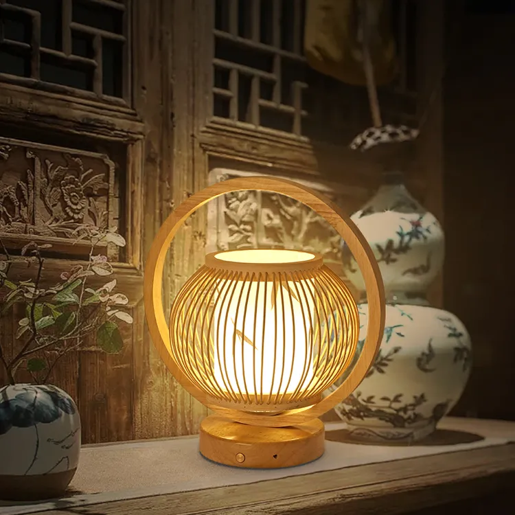 日式诧寂风竹编台灯新中式禅意夜灯茶室卧室复古床头灯可充电台灯