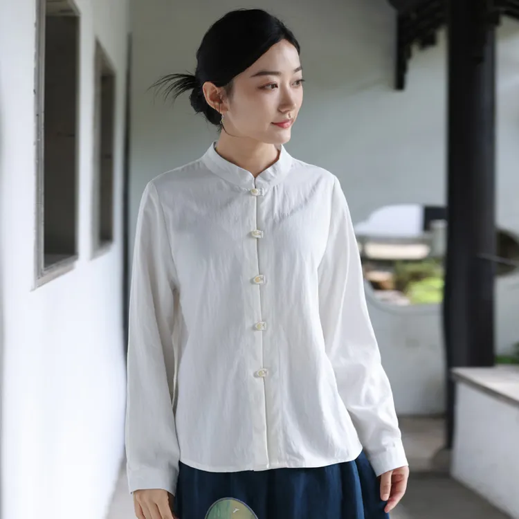 二喜茶服2025早春复古中国风衬衫女春款新中式打底衫对襟唐装上衣