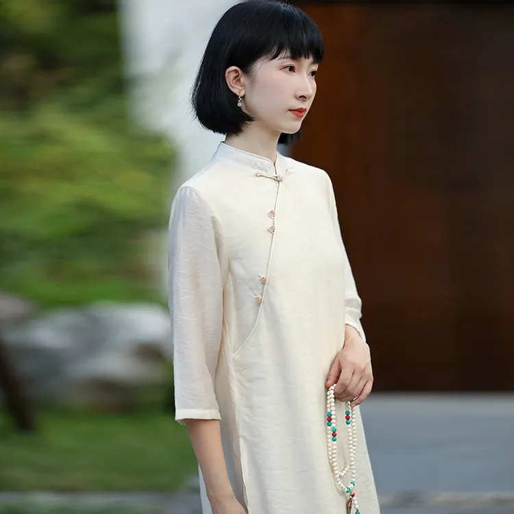 2025夏日常清冷复古二喜茶服仙气斜襟女装禅意新中式立领连衣裙
