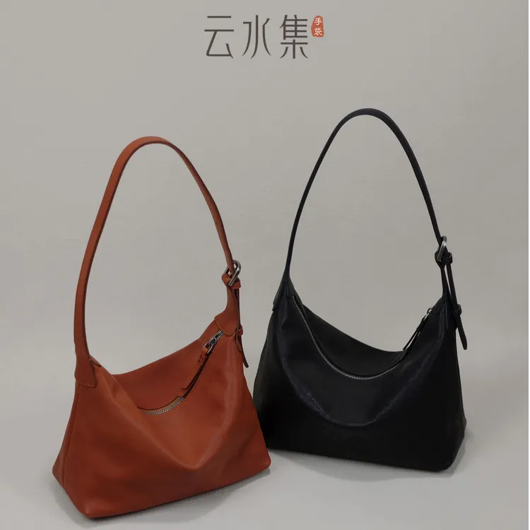 云水集头层植鞣牛皮单肩腋下流浪包秋冬复古hobo包斜挎真皮女包软
