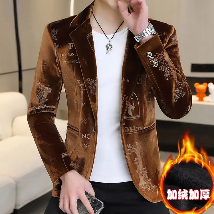 现货欧版精细工艺高端西服男士秋冬加绒加厚高品质金丝绒西装外套