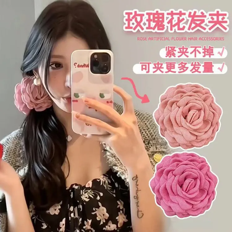 复古红色玫瑰花朵大红花头饰发夹边夹侧边碎发卡牡丹花夹子头花女