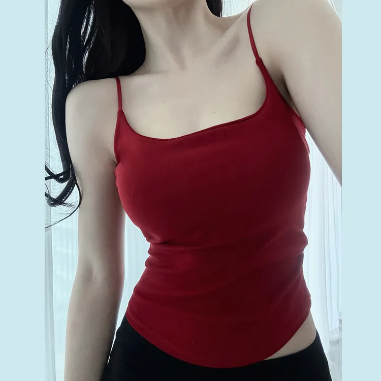 夏季新百搭女背心打底显瘦显白正红色性感短款吊带背心带胸垫外穿