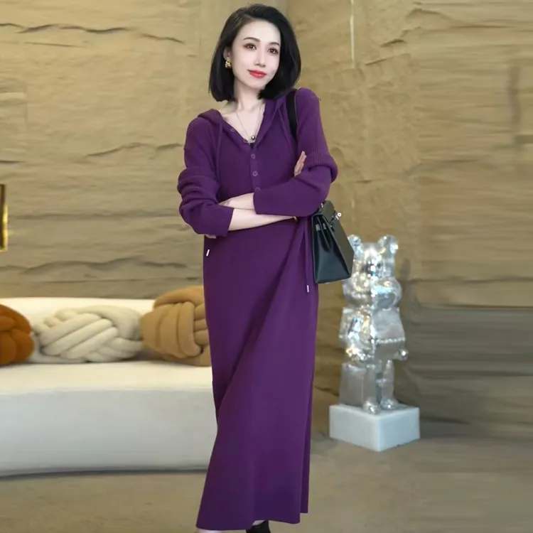 连帽针织衫连衣裙女宽松显瘦秋冬套头打底衫时尚气质休闲毛衣裙子