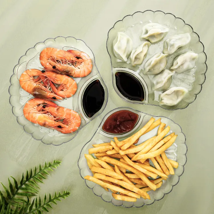 塑料饺子盘子带醋碟减脂分餐盘家用扇形贝壳水饺专用盘蘸料盘一体