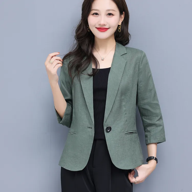 亚麻西装外套女短款百搭夏季薄款修身显瘦小个子大码休闲棉麻上衣
