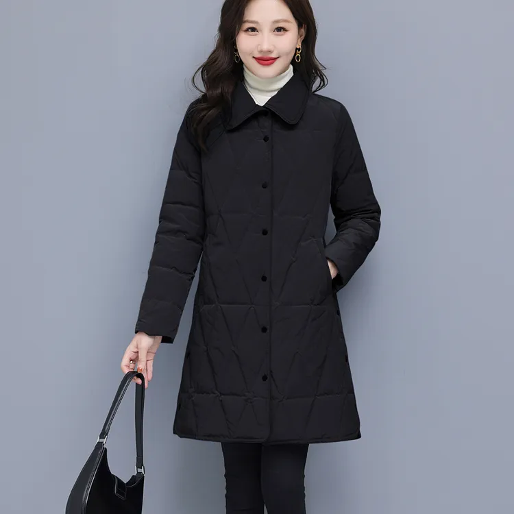 薄款羽绒服女中长款冬季侧开叉修身时尚轻薄菱格珠宝店工作服妈妈