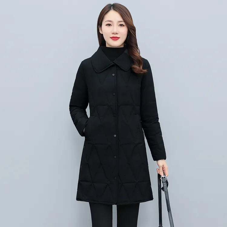 娃娃领轻薄款羽绒服女中长款菱形格修身显瘦工作服时尚冬季外套