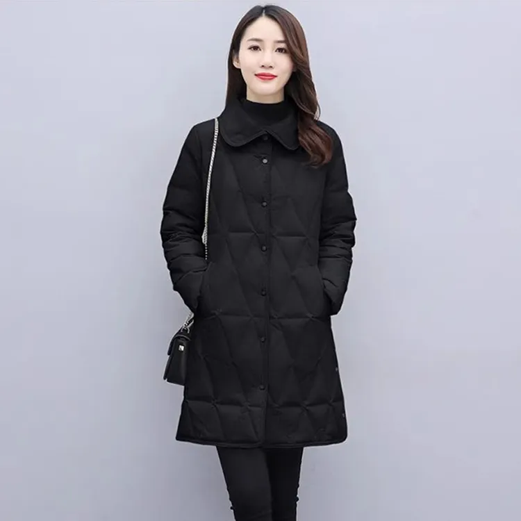 轻薄羽绒服女中长款新款珠宝店工作服菱形格娃娃领白鸭绒冬季外套