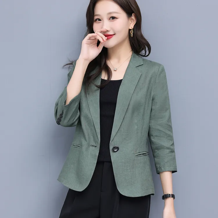 亚麻小西装外套女春秋薄款休闲百搭小个子七分袖韩版气质洋气西服