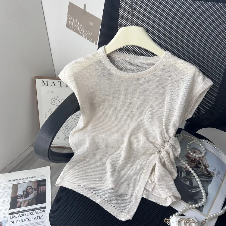 千金短袖背心不规则修身毛衣针织衫夏季抽绳收腰百搭冰丝打底衫女