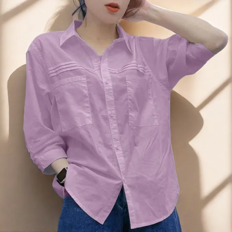 2025夏季新款短袖压褶棉衬衫女POLO领女士上衣纯色百搭减龄衬衣女