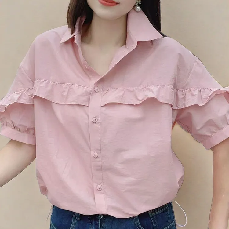 木耳边短袖纯棉薄款衬衫女夏季新款洋气设计感衬衣宽松遮肉上衣女